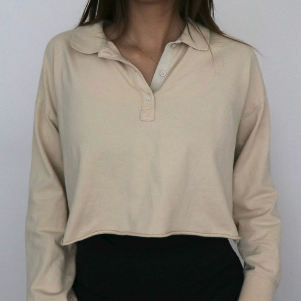 Aerie Tan Long Sleeve Cropped Polo